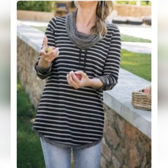 Soft Surroundings Women's Black Gray Striped Cowl neck Pullover sweater Top - Picture 1 of 11